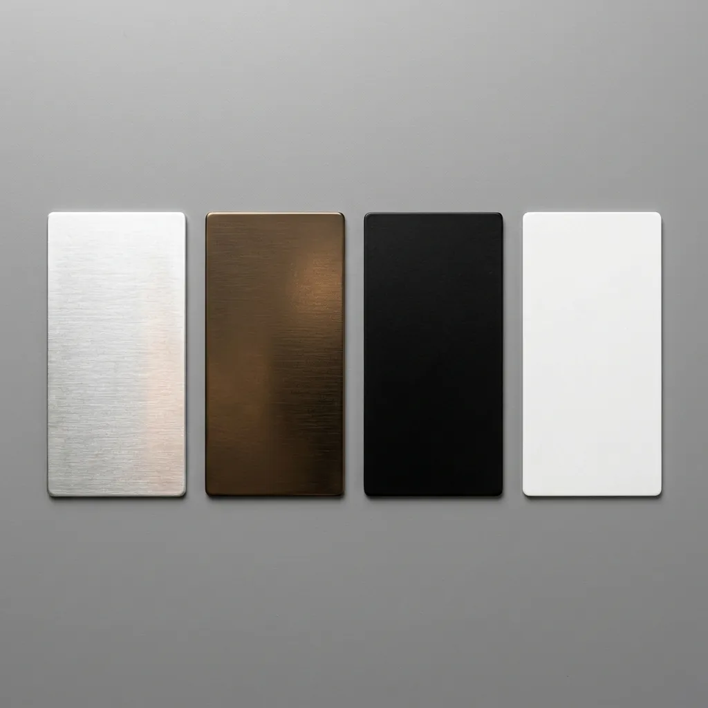 Échantillons de finis d'aluminium : anodisé clair, bronze, noir mat et blanc