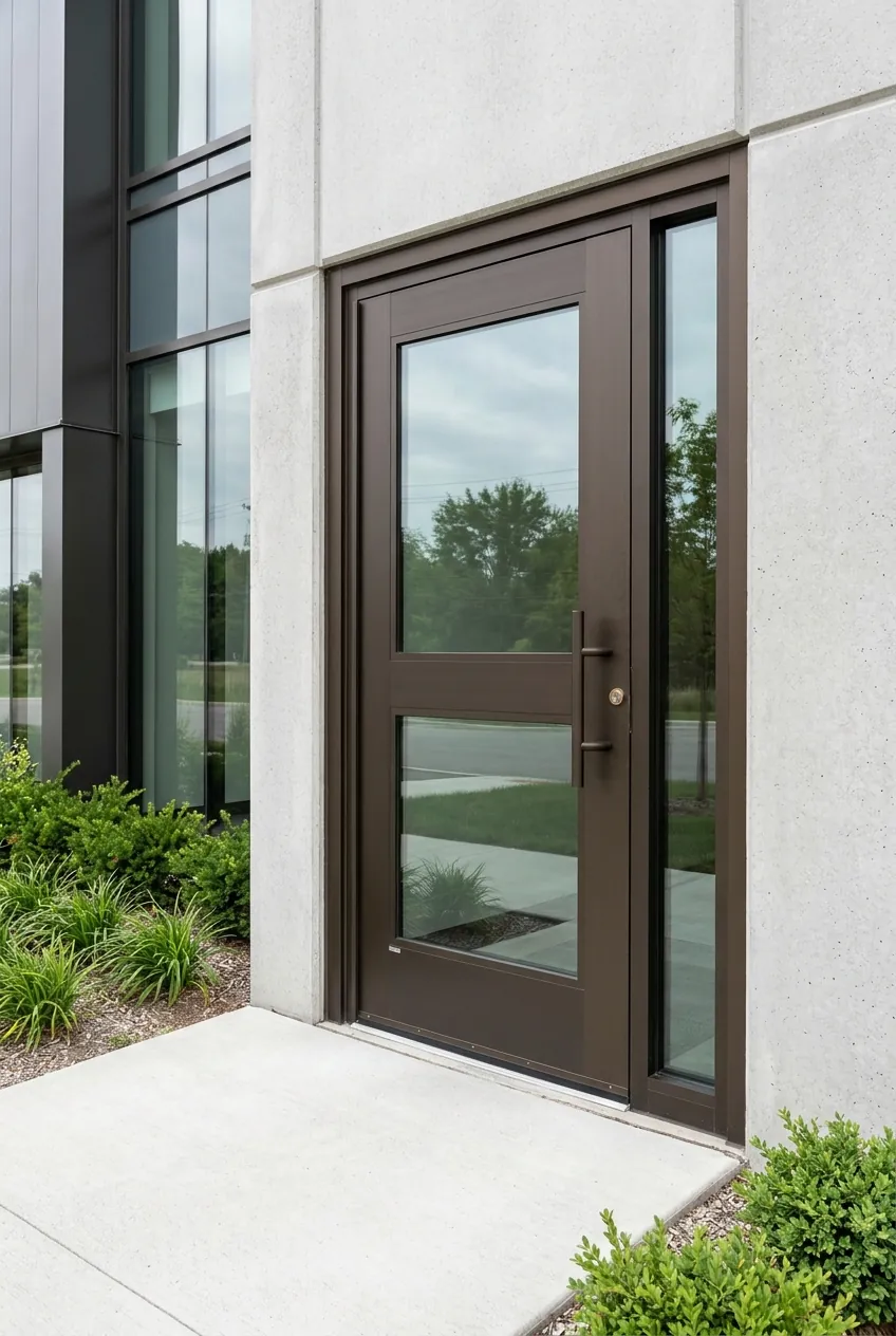 Porte commerciale en aluminium robuste à l'entrée d'un bâtiment