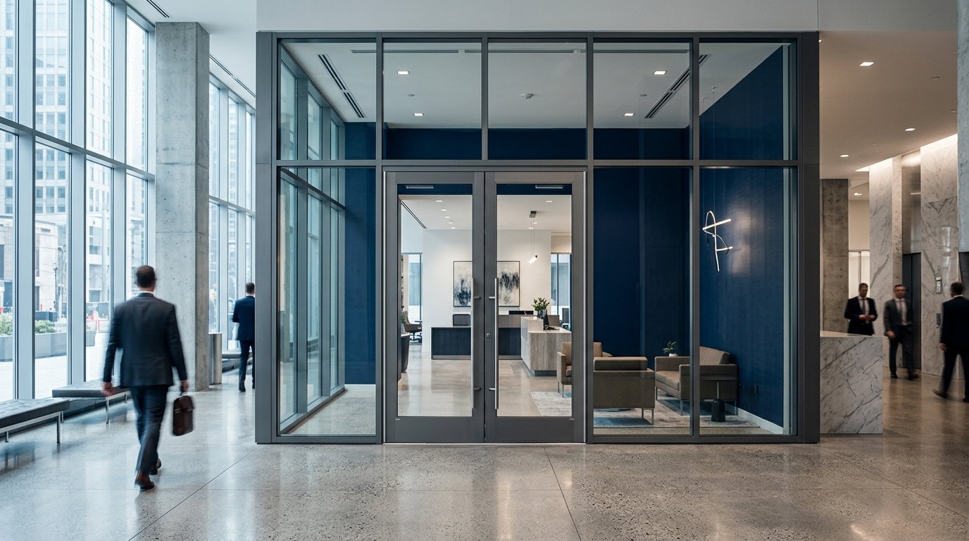 Tour à bureaux — devanture aluminium anodisé en lobby