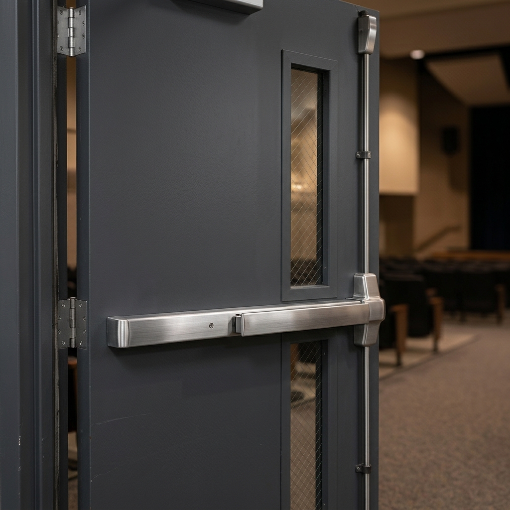 Tige verticale dissimulée — issue d'auditorium scolaire