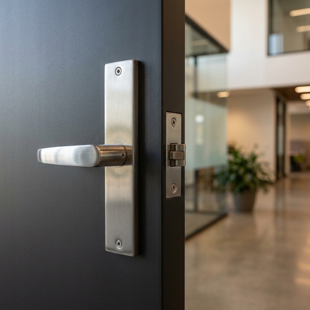 Pose d'une poignée à levier sur porte commerciale en aluminium