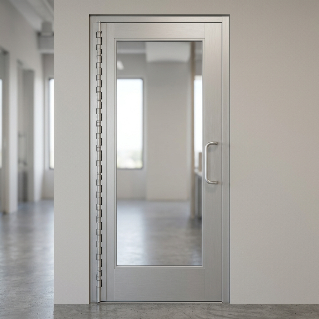 Installation d'une charnière continue à pignons sur porte aluminium