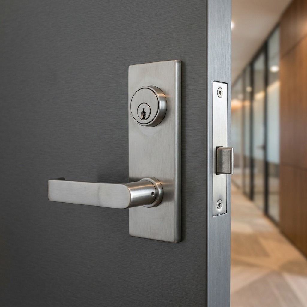 Mortaise commerciale installée — cylindre + serrure en tranche